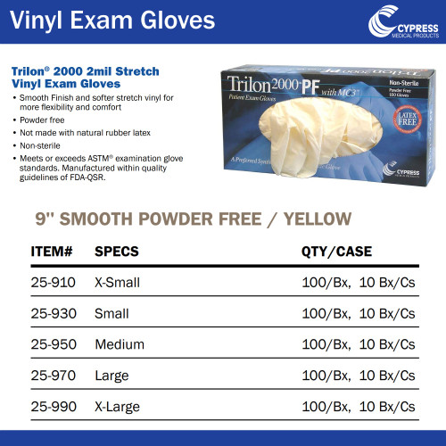 Trilon 2000 PF with MC3 Exam Glove X-Large NonSterile Stretch Vinyl Standard Cuff Length Smooth Ivory Not Rated WITH PROP. 65 WARNING, 25-990, Case of 1000
