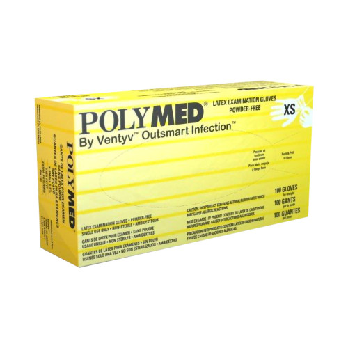 Polymed Exam Glove X-Small NonSterile Latex Standard Cuff Length Fully Textured Ivory Not Rated, PM101, Box of 100