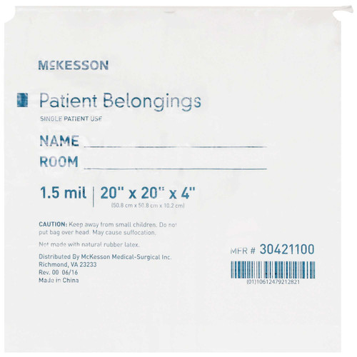 Patient Belongings Bag McKesson 4 x 20 x 20 Inch Polyethylene Drawstring Closure White 30421100 Case of 250 30421100 McKesson 447753_CS Patient Belongings Bag McKesson 4 x 20 x 20 Inch Polyethylene Drawstring Closure White 30421100 Case of 250 30421100 McKesson 447753_CS