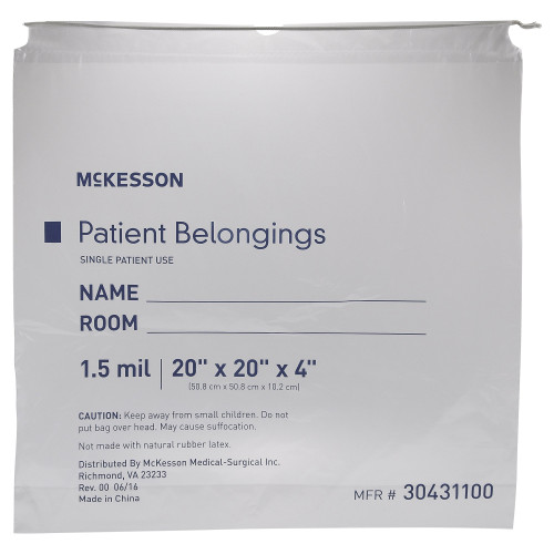 McKesson Patient Belongings Bag with Drawstring Closure, 4 X 20 X 20", Clear, 1.5 mil, Pack of 1