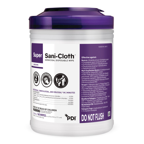 Super Sani-Cloth Surface Disinfectant Cleaner Premoistened Germicidal Manual Pull Wipe 160 Count Canister Alcohol Scent NonSterile, Q55172, Can of 160