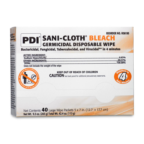 Sani-Cloth Bleach Surface Disinfectant Cleaner Premoistened Germicidal Manual Pull Wipe 40 Count Individual Packet Chlorine Scent NonSterile, H58195, Pack of 40