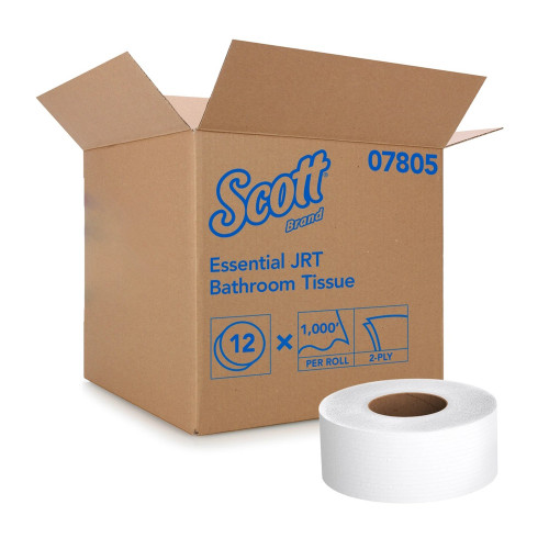 Toilet Tissue Scott Essential JRT White 2-Ply Jumbo Size Cored Roll Continuous Sheet 3-11/20 Inch x 1000 Foot 07805 Case of 12