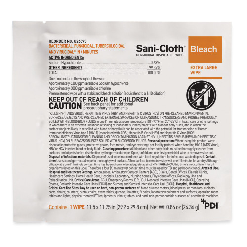 Sani-Cloth Bleach Surface Disinfectant Cleaner Premoistened Germicidal Manual Pull Wipe 40 Count Individual Packet Chlorine Scent NonSterile, U26595, Pack of 1