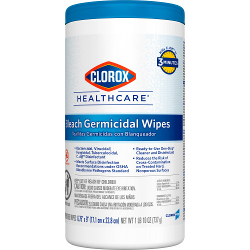 Clorox Healthcare Surface Disinfectant Cleaner Premoistened Bleach Germicidal Manual Pull Wipe 70 Count Canister Chlorine Scent NonSterile, 35309, Carton of 1