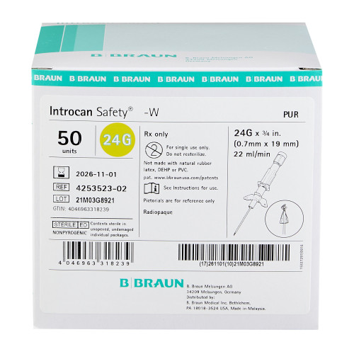 Introcan Safety Peripheral IV Catheter 24 Gauge 3/4 Inch Polyurethane Winged Hub Non Blood Control Passive Safety, 4253523-02, Box of 50