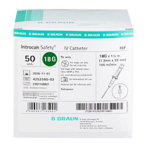 Introcan Safety Peripheral IV Catheter 18 Gauge 1-1/4 Inch FEP Polymer Straight Hub Non Blood Control Passive Safety, 4252560-02, Case of 200