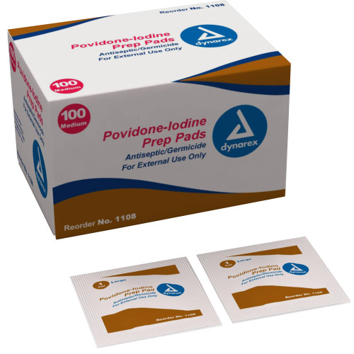 Dynarex PVP Prep Pad 10% Strength Povidone-Iodine Individual Packet Medium NonSterile, 1108, Box of 100