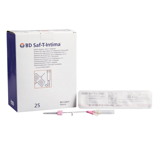 Saf-T-Intima Closed IV Catheter 20 Gauge 1 Inch BD Vialon Winged Hub Blood Control, 383336, Box of 25