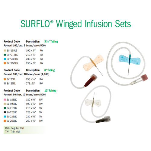 Surflo Infusion Set 23 Gauge 3/4 Inch 12 Inch Tubing Without Port, SV-23BLK, Box of 50