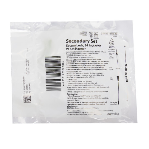 ICU Secondary IV Administration Set Gravity Without Ports 15 Drops / mL Drip Rate Without Filter 34 Inch Tubing Solution, 1423028, Case of 50