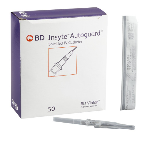 Insyte Autoguard Peripheral IV Catheter 16 Gauge 1.16 Inch BD Vialon Straight Hub Non Blood Control Push Button Safety, 381454, Box of 50