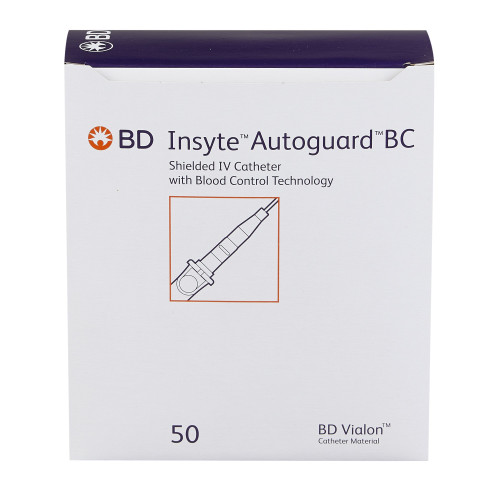 Insyte Autoguard BC Peripheral IV Catheter 20 Gauge 1 Inch BD Vialon Straight Hub Blood Control Push Button Safety, 382533, Box of 50