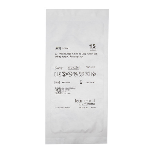 ICU Primary IV Administration Set Gravity 2 Ports 15 Drops / mL Drip Rate Without Filter 37 Inch Tubing Solution, SC9001, Case of 50
