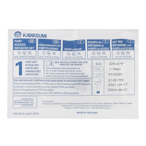 Kawasumi Huber Infusion Set 22 Gauge 3/4 Inch 8 Inch Tubing Without Port, PI03020, Pack of 1
