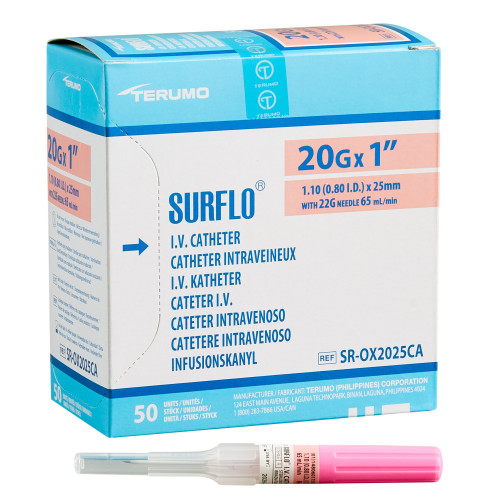 Surflo Peripheral IV Catheter 20 Gauge 1 Inch ETFE Straight Hub Non Blood Control Non-Safety, SR-OX2025CA, Pack of 1