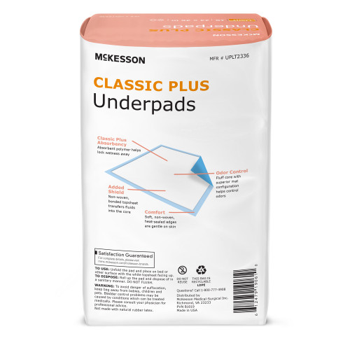 McKesson Classic Plus Disposable Underpad 23 X 36 Inch Fluff Mat Light Absorbency, UPLT2336, Bag of 10