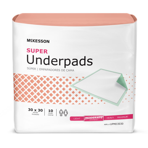 McKesson Super Disposable Underpad 30 X 30 Inch Fluff / Polymer Moderate Absorbency, UPMD3030, Bag of 10