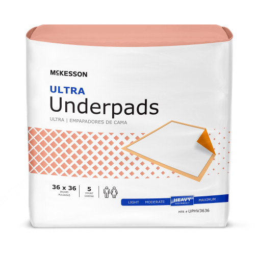McKesson Ultra Disposable Underpad 36 X 36 Inch Fluff / Polymer Heavy Absorbency, UPHV3636, Bag of 5