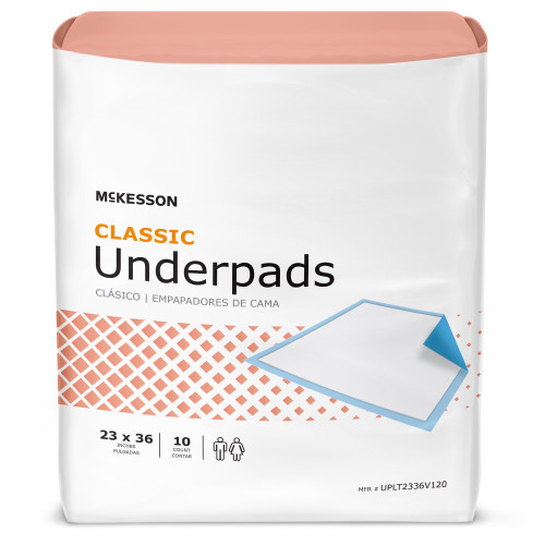 McKesson Classic Disposable Underpad 23 X 36 Inch Fluff Mat Light Absorbency, UPLT2336V120, Bag of 10