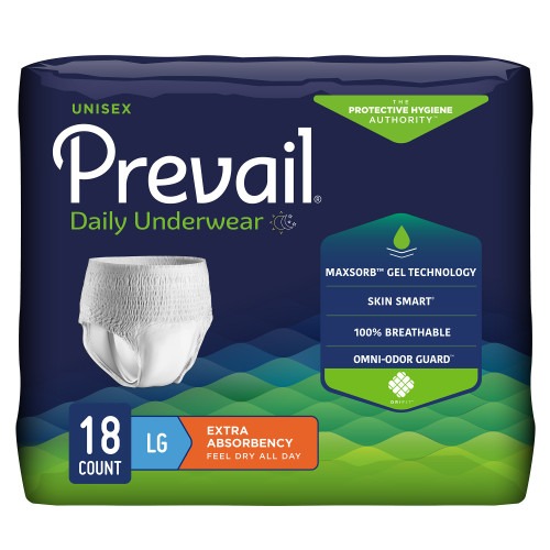 Prevail Daily Underwear Extra Absorbent Underwear Pull On with Tear Away Seams Adult Large Unisex Disposable Moderate Absorbency, PV-513, Case of 72