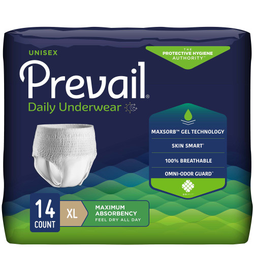 Prevail Daily Underwear Maximum Absorbent Underwear Pull On with Tear Away Seams Adult X-Large Unisex Disposable Heavy Absorbency, PVS-514, Case of 4