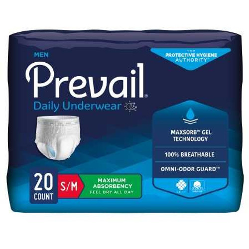 Male Adult Absorbent Underwear Prevail® Men's Daily Underwear Pull On with Tear Away Seams Small / Medium Disposable Heavy Absorbency PUM-512/1 Bag of 20 PUM-512/1 Prevail® Men's Daily Underwear 889079_BG