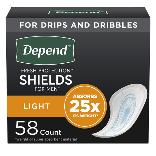 Depend Shields for Men Bladder Control Pad 5 X 7-1/2 Inch Light Absorbency Sodium Polyacrylate Core One Size Fits Most, 35641, Pack of 58