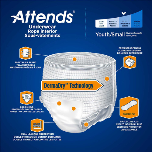 Unisex Adult Absorbent Underwear Attends® Advanced Pull On with Tear Away Seams Small Disposable Heavy Absorbency APP0710 Bag of 20 APP0710 Attends® Advanced 546743_BG