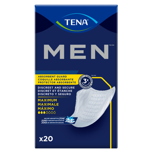 TENA Men Maximum Bladder Control Pad 8 Inch Length Heavy Absorbency Dry-Fast Core One Size Fits Most, 50600, Bag of 20