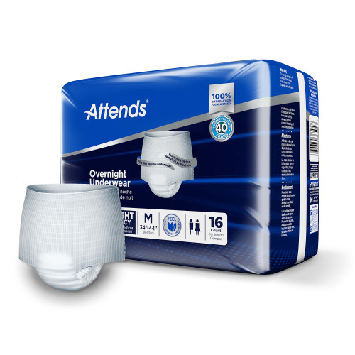 Attends Overnight Absorbent Underwear Pull On with Tear Away Seams Adult Medium Unisex Disposable Heavy Absorbency, APPNT20, Bag of 16