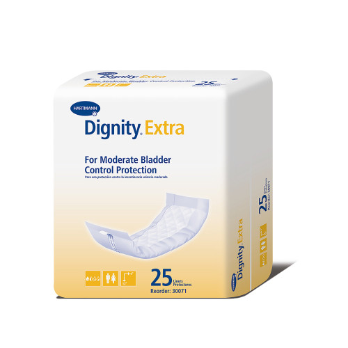 Dignity Extra Incontinence Liner 4 X 12 Inch Moderate Absorbency Polymer Core One Size Fits Most, 30071, Bag of 25