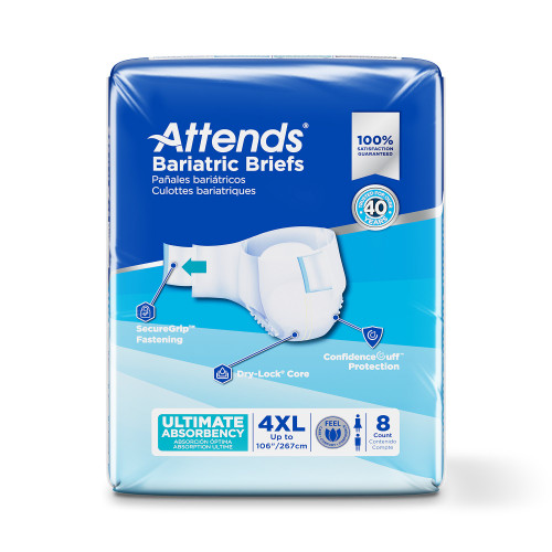 Attends Bariatric Incontinence Brief Adult 4X-Large Unisex Disposable Heavy Absorbency, DD60, Bag of 8