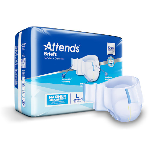 Attends Incontinence Brief Adult Large Unisex Disposable Heavy Absorbency, DDA30, Bag of 24