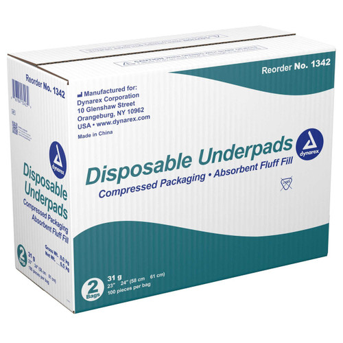 Underpad Dynarex 23 X 24 Inch Disposable Fluff Heavy Absorbency 1342 Case/200 1342 DYNAREX CORP. 826638_CS