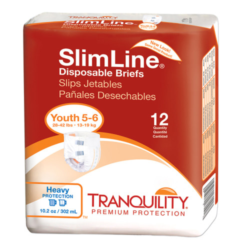 Tranquility Slimline Unisex Youth Incontinence Brief Size 5 to 6 Disposable Heavy Absorbency, 2112, Case of 120