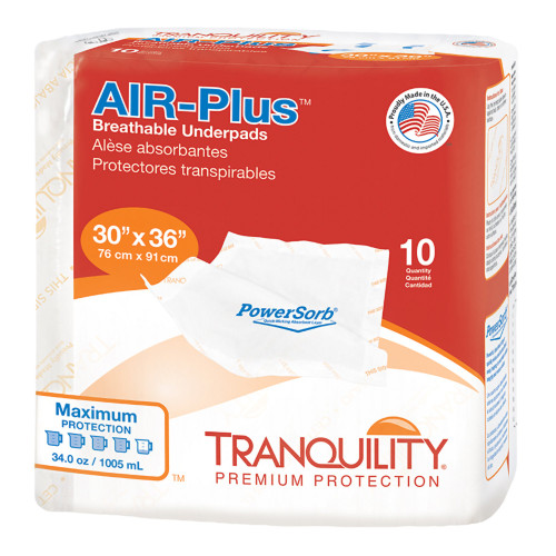 Tranquility AIR-Plus Disposable Underpad Low Air Loss 30 X 36 Inch Powersorb Material Heavy Absorbency, 2710, Bag of 10