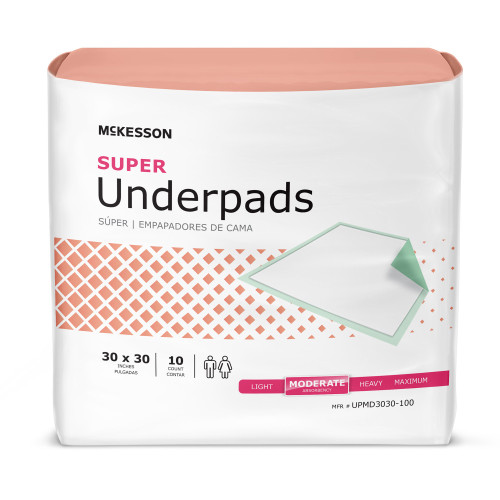 McKesson Super Disposable Underpad 30 X 30 Inch Fluff / Polymer Moderate Absorbency, UPMD3030-100, Bag of 10