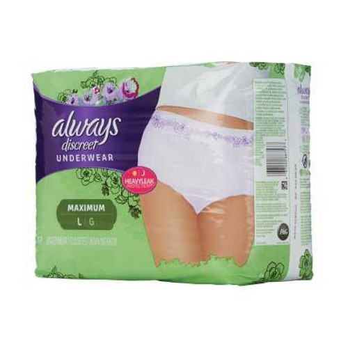 Adult Absorbent Underwear Always Discreet Low Rise Pull On Large Disposable Heavy Absorbency 1847094 Pack/17 1847094 US PHARMACEUTICAL DIVISION/MCK 928412_PK Adult Absorbent Underwear Always Discreet Low Rise Pull On Large Disposable Heavy Absorbency 1847094 Pack/17 1847094 US PHARMACEUTICAL DIVISION/MCK 928412_PK