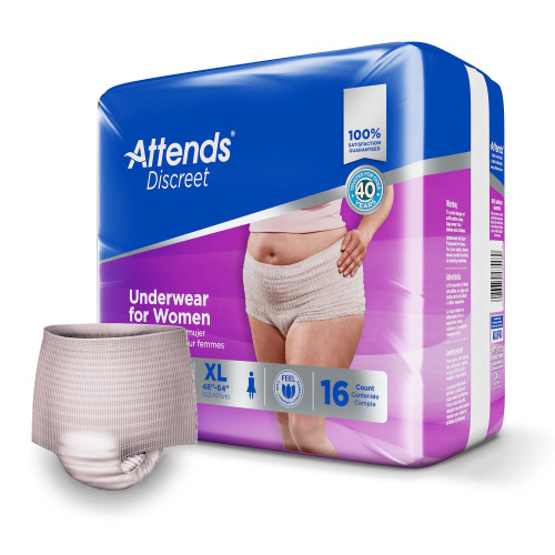 Attends Discreet Absorbent Underwear Pull On with Tear Away Seams Adult X-Large Female Disposable Heavy Absorbency, ADUF40, Bag of 16