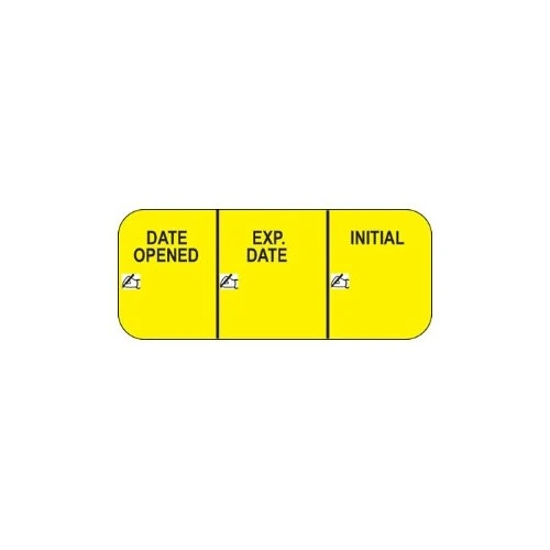 indeed Write Pre-Printed Auxiliary Label Yellow Paper Date Opened Exp. Date initial Black Quality Control Label 5/8 x 1.5 in, 17638, Pack of 1000