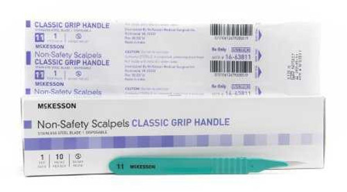 Scalpel McKesson No. 11 Stainless Steel / Plastic Classic Grip Handle Sterile Disposable 16-63811 Box of 10 16-63811 McKesson 1029065_BX