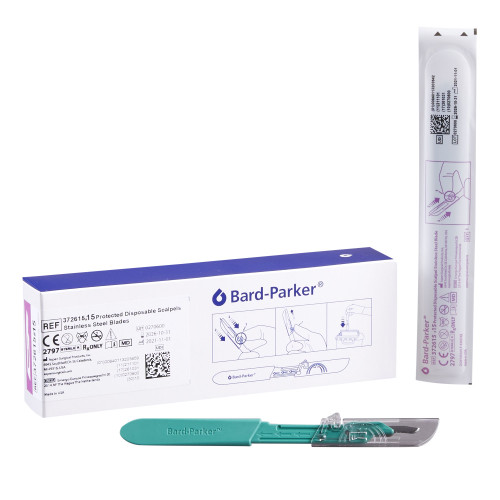 Bard-Parker Safety Scalpel, No. 15, Nonslip Grip Handle with Centimeter Scale, Sterile, Pack of 1