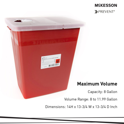 McKesson Prevent Sharps Container Red Base 13-3/4 W X 13-3/4 D X 14 H Inch Horizontal / Vertical Entry 8 Gallon, 80-8705, Pack of 1