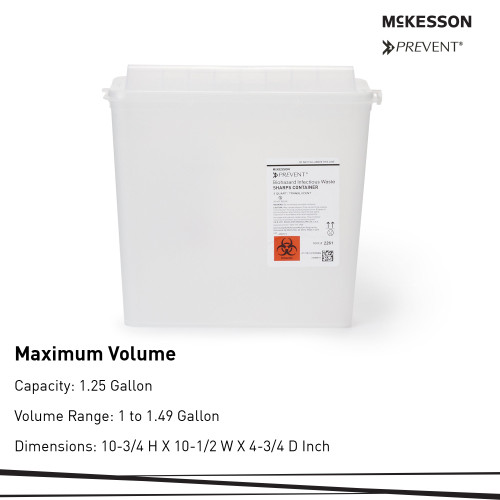 McKesson Prevent Sharps Container Translucent Base 10-3/4 H X 10-1/2 W X 4-3/4 D Inch Horizontal Entry 1.25 Gallon, 2261, Case of 20