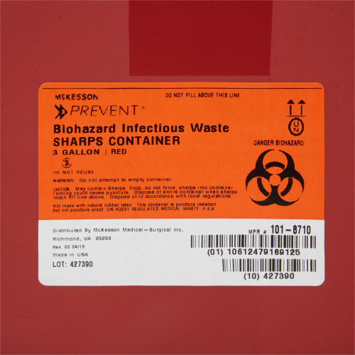 McKesson Sharps Container Red Base 13-1/2 H X 12-1/2 W X 6 D Inch Horizontal Entry 3 Gallon, 101-8710, Pack of 1