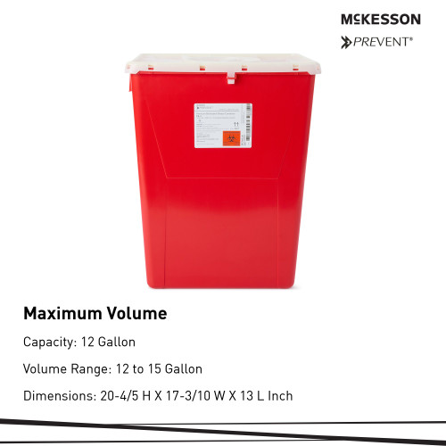 McKesson Prevent Sharps Container Red Base 20-4/5 H X 17-3/10 W X 13 L Inch Vertical Entry 12 Gallon, 2267, Case of 8