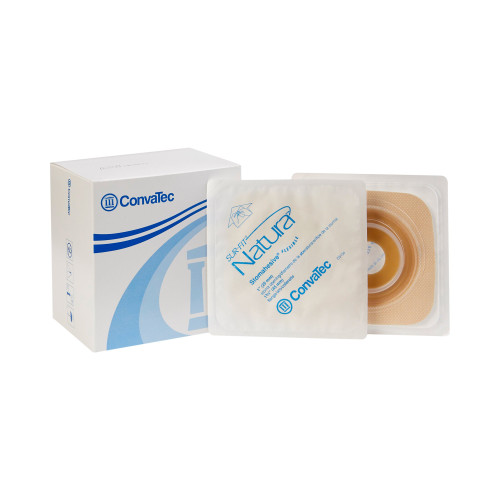 Ostomy Barrier Sur-Fit Natura Precut, Standard Wear Stomahesive Tan Tape 45 mm Flange Sur-Fit Natura System Hydrocolloid 1 Inch Opening 4 x 4 Inch 125271 Box of 10