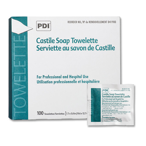 PDI Castile Soap Towelette, Gentle Hand and Facial Cleansing, 100 Individual Packets per Box, Box of 100