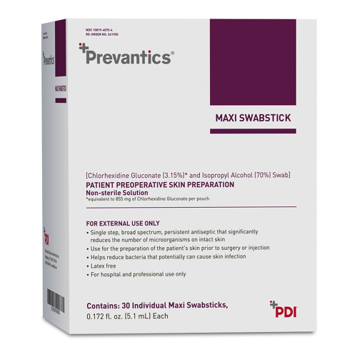 Prevantics Maxi Impregnated Swabstick 3.15% / 70% Strength CHG (Chlorhexidine Gluconate) / Isopropyl Alcohol Individual Packet NonSterile, S41950, Box of 30